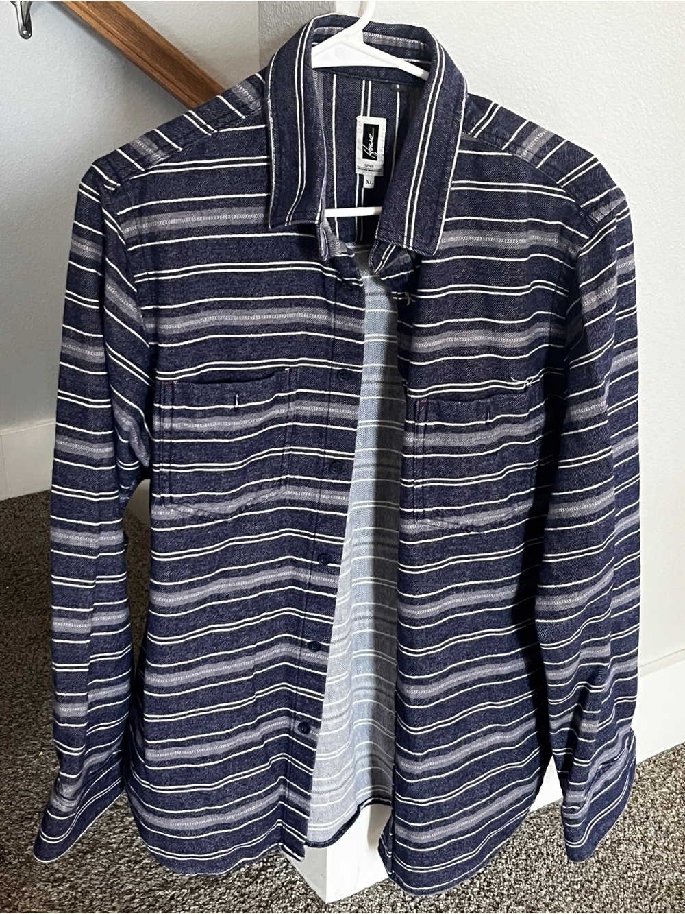 Striped Navy Button-Up Jacket Shirt - Men Howe